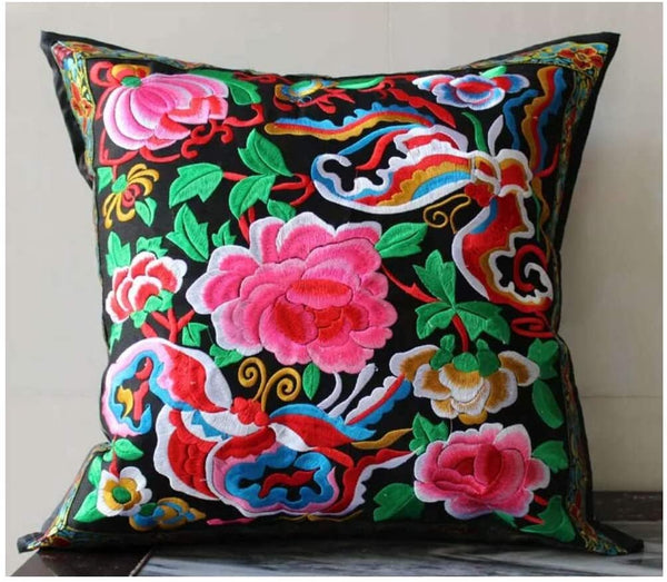 SFG Chinese Embroidered Decorative Pillow Cover 18 x 18 Multicolored and Pink Floral with Butterflies
