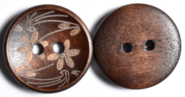 Round Wooden Shirt Buttons 2 Holes 20mm Floral Concave (Brown Qty 25)