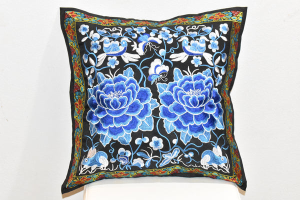 SFG Chinese Embroidered Decorative Pillow Cover 18 x 18 Blue Flowers